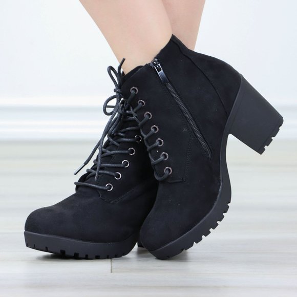 Black Suede Ankle Chunky Block Lug High Heel Boots Lace-Up - Picture 10 of 13